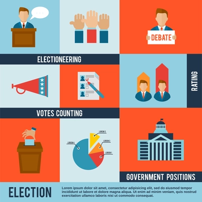 Election votes counting debate and rating icon flat set isolated vector illustration