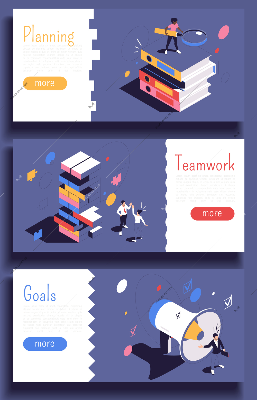 Project management horizontal banners with information about planning teamwork goals isometric vector illustration