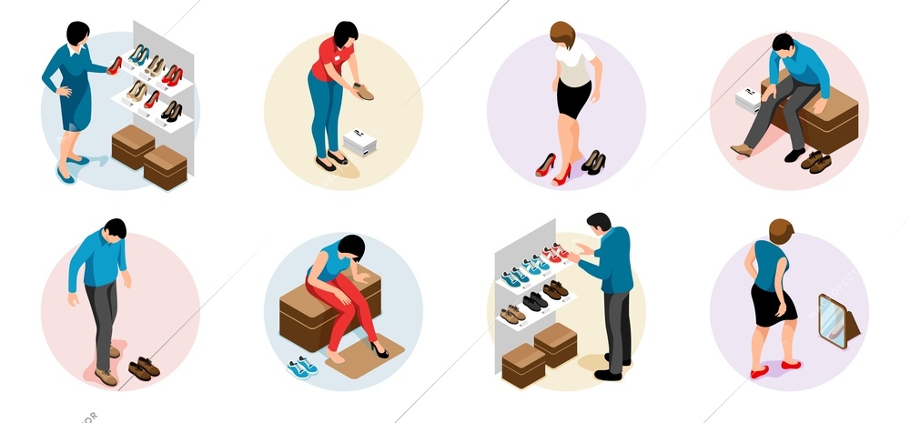 Isometric shoe store concept set with people choosing trying and buying footwear isolated vector illustration