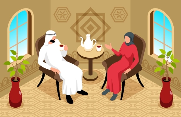 Isometric arab composition with indoor scenery ornamental interior and man sitting with woman with tea set vector illustration