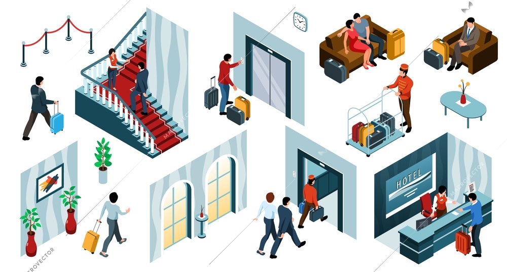 Isometric hotel people color set with isolated icons of interior elements passages guests and hotel workers vector illustration