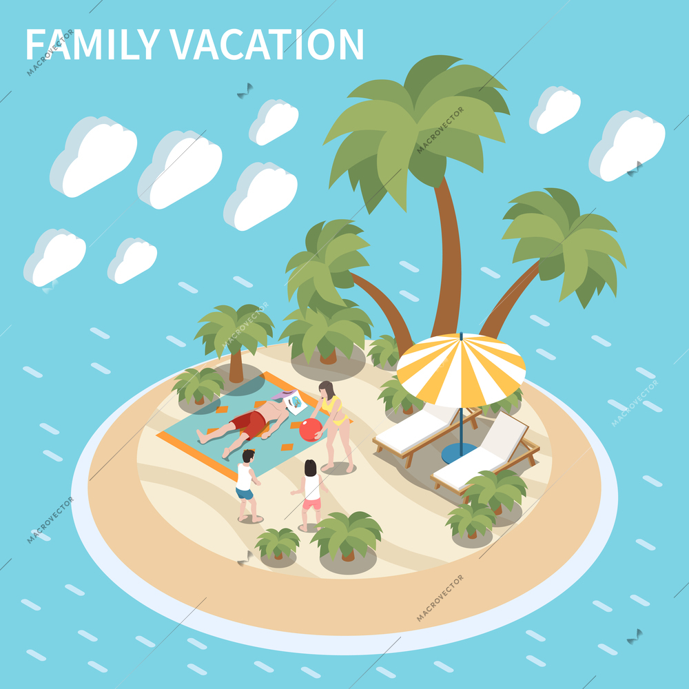 Summer vacation on south island isometric background with family sunbathing and enjoying rest vector illustration