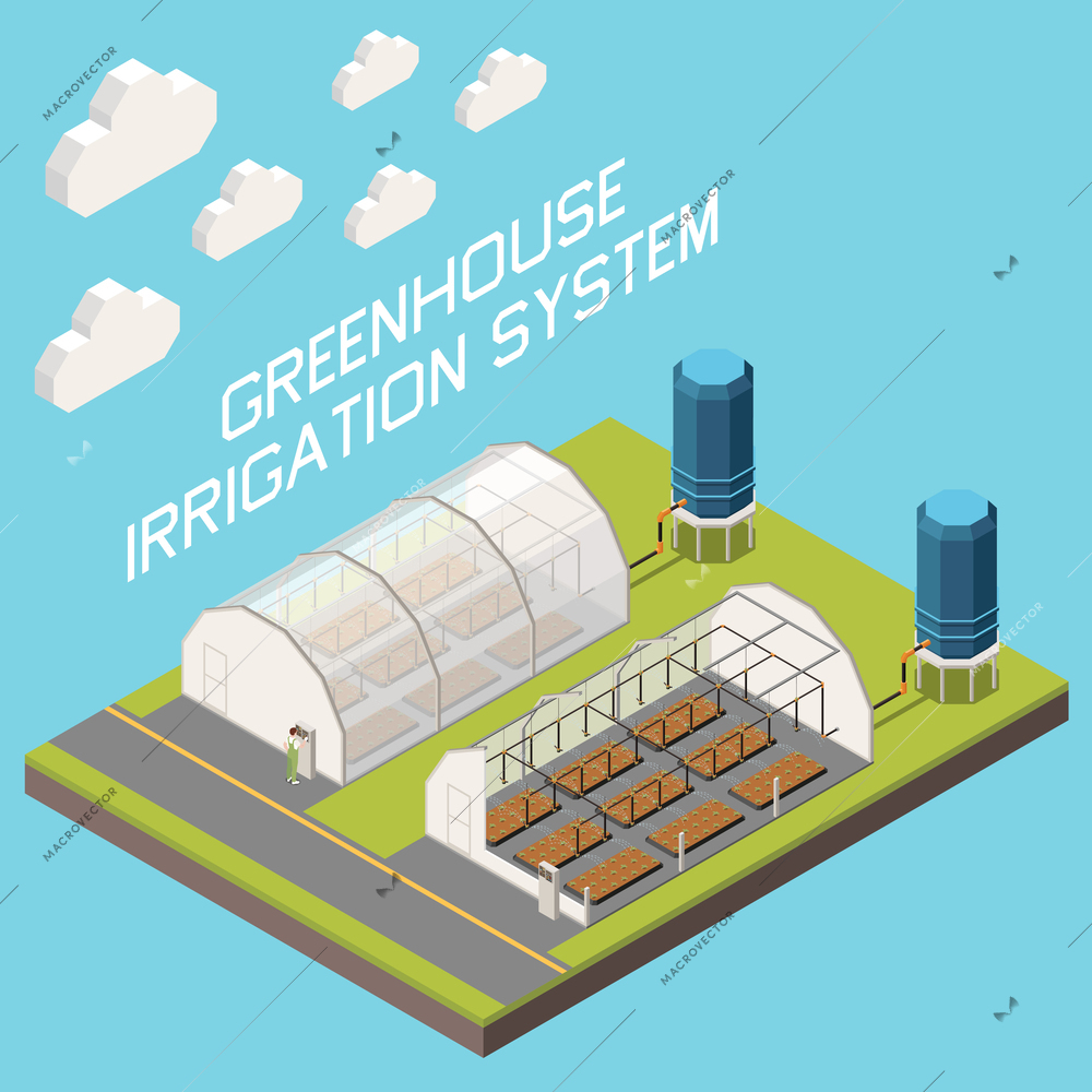 Greenhouse drip irrigation system isometric vector illustration with two containers using as storage of water with pipe drainage system