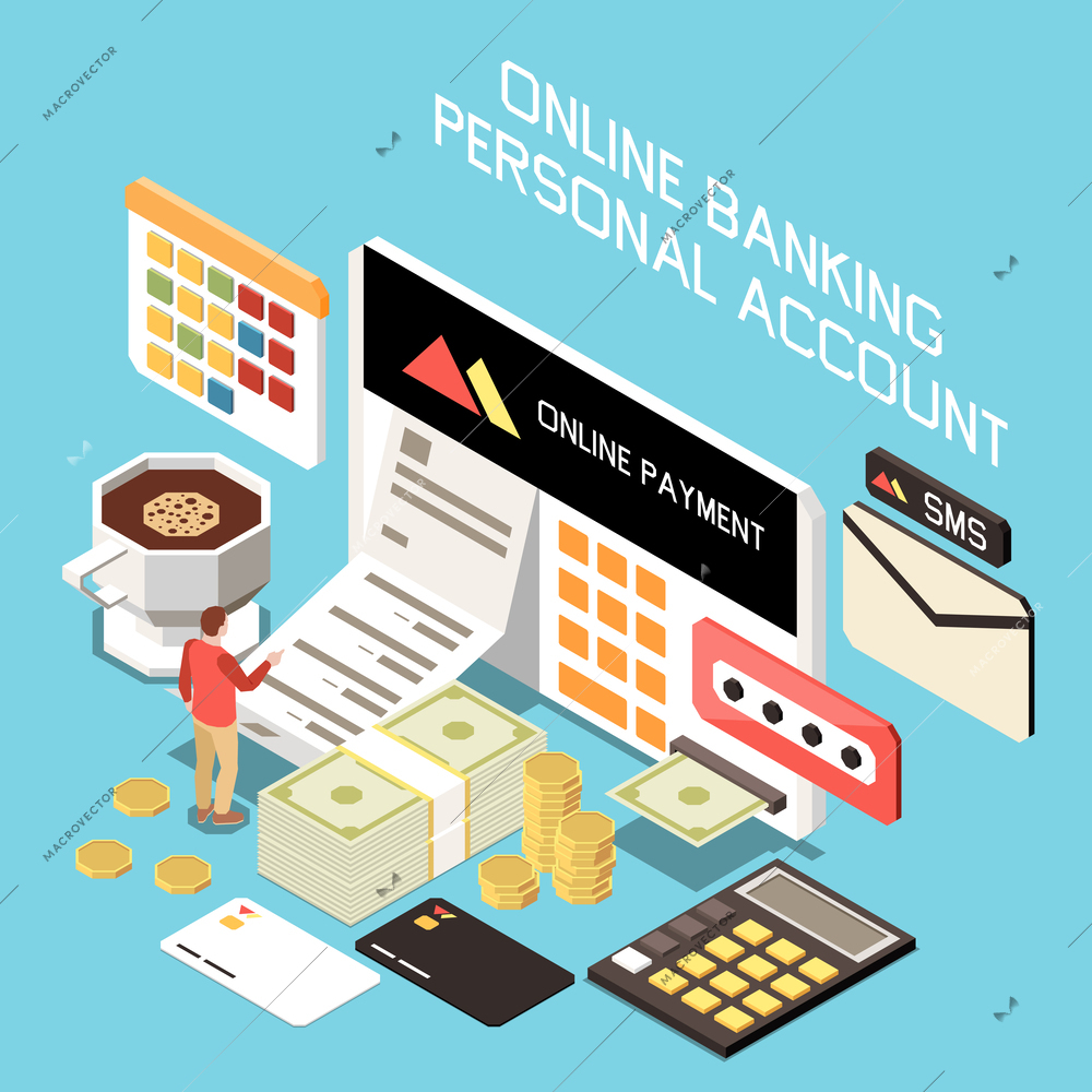Online banking personal account with functions online payment sms notification electronic receipts isometric composition vector illustration