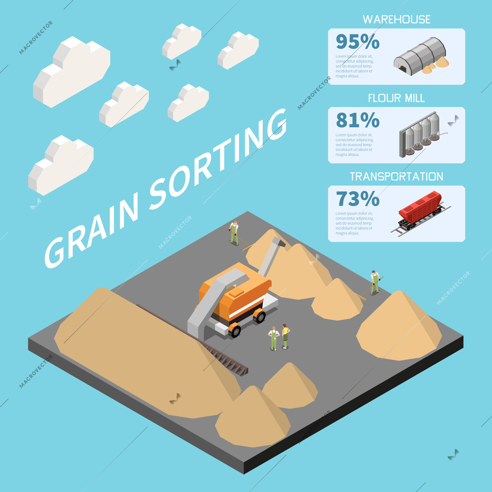 Wheat grain industry background depicting grain sorting process transportation flour mill and warehouse isometric icons vector illustration