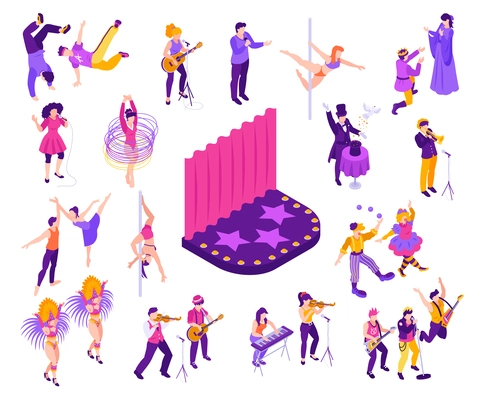 Artist performance isometric set with pole and break dancing musical band ballet dancers magician standup comedian singers theatre actors isolated vector illustration