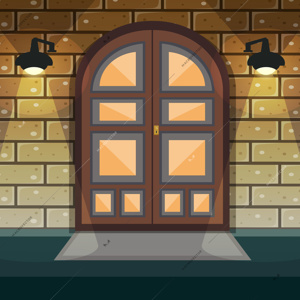 Classic doorway brickwall house facade with home entrance door and lights vector illustration