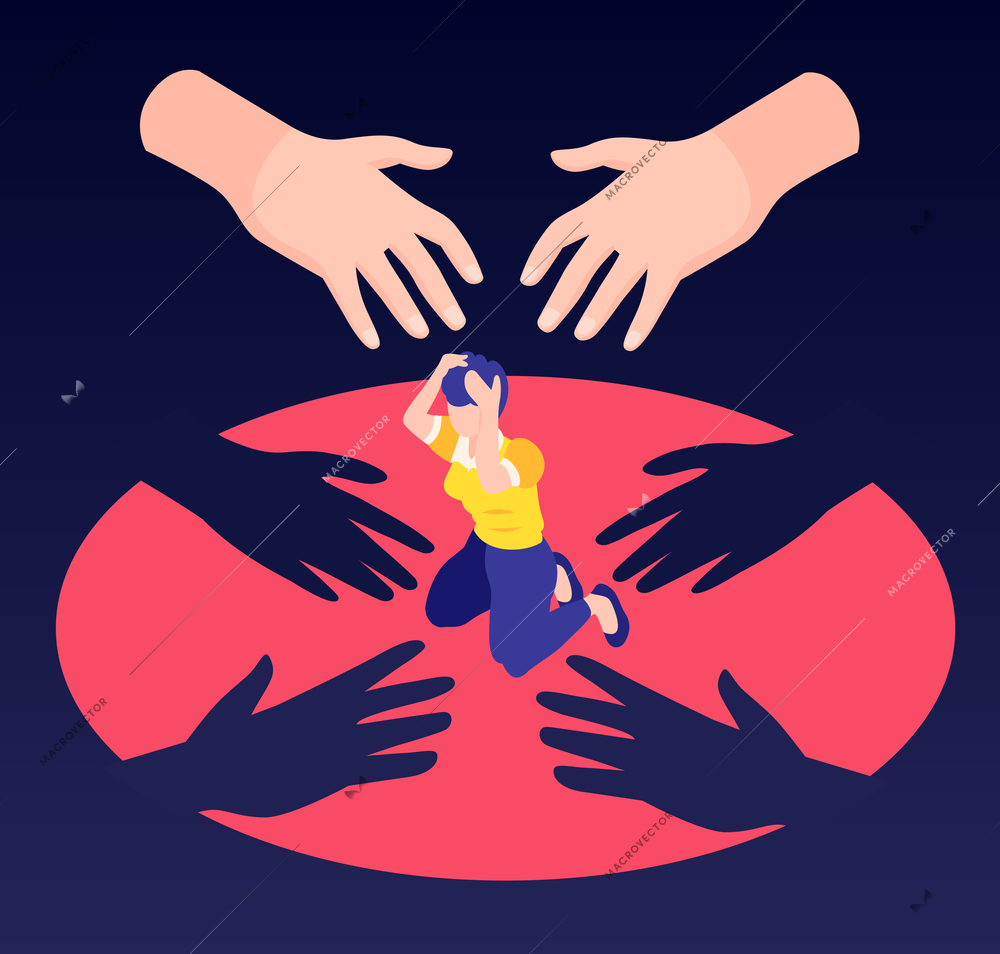 Isometric concept of sexual harassment with frightened woman and male hands going to touch her 3d vector illustration