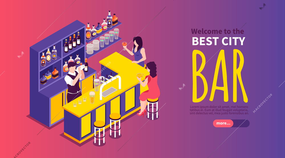 Isometric best city bar horizontal banner with barman and two women drinking cocktails at counter 3d vector illustration