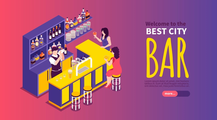 Isometric best city bar horizontal banner with barman and two women drinking cocktails at counter 3d vector illustration