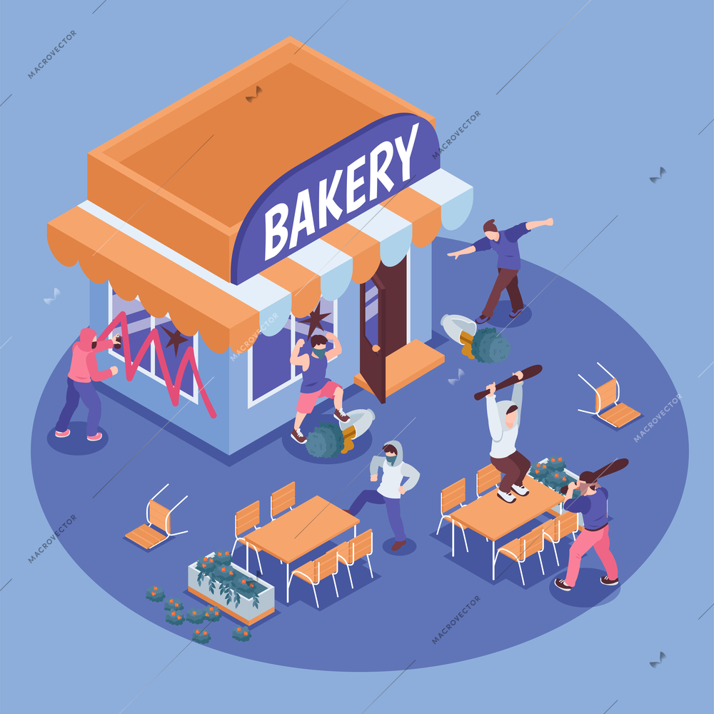 Street hooligans with bats and spray paint damaging bakery building and outdoor tables isometric composition on color background vector illustration