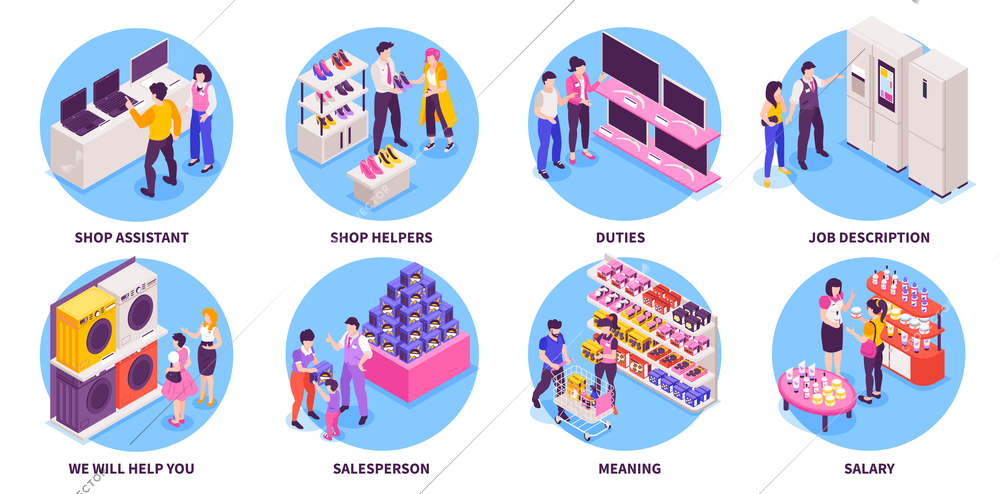 Shop assistants helping and recommending products to customers isometric compositions set isolated 3d vector illustration