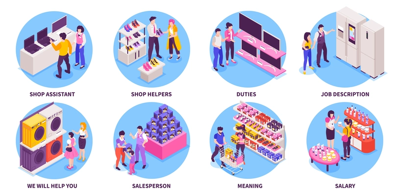 Shop assistants helping and recommending products to customers isometric compositions set isolated 3d vector illustration