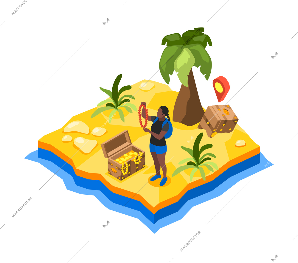 Treasure quest isometric composition with tropical grounds view with sand palms and girl opened treasure chest vector illustration