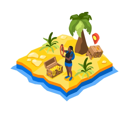 Treasure quest isometric composition with tropical grounds view with sand palms and girl opened treasure chest vector illustration