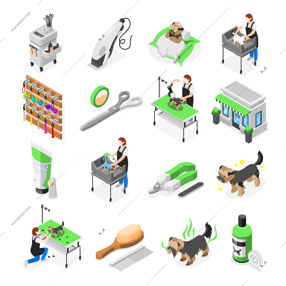 Grooming salon isometric set of isolated icons with tools for washing trimming taking care of pets vector illustration