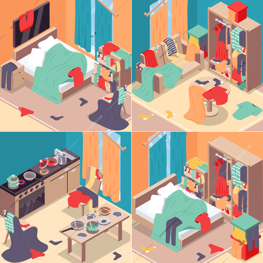 Messy room isometric concept icons set with  dirty interior symbols isolated vector illustration