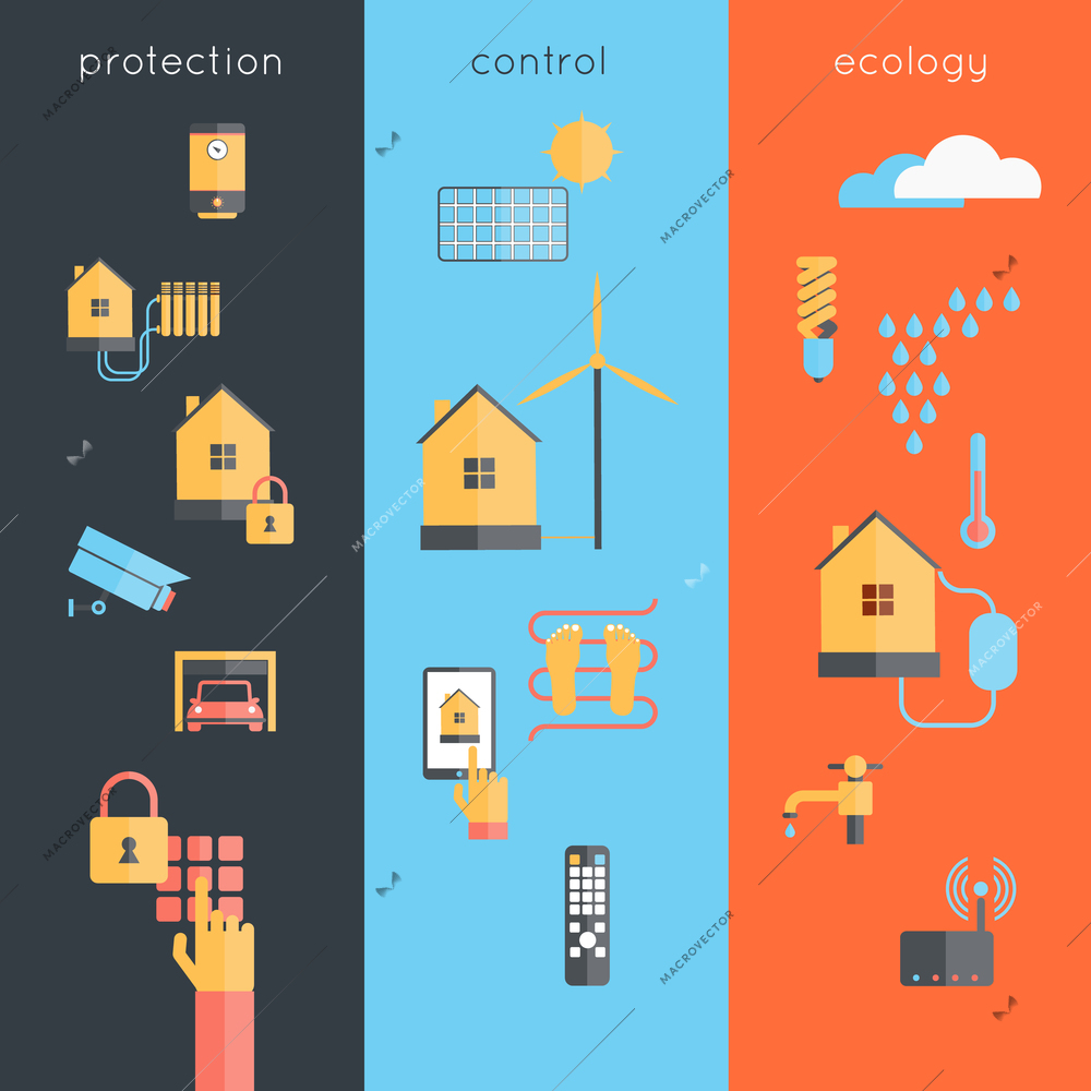 Smart home vertical flat banner set with protection control ecology elements isolated vector illustration