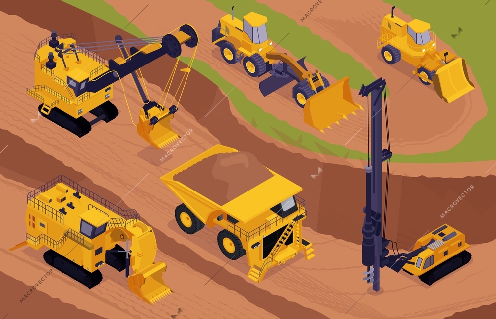Isometric mining composition with outdoor view of open pit with yellow bulldozers excavators and extraction appliances vector illustration