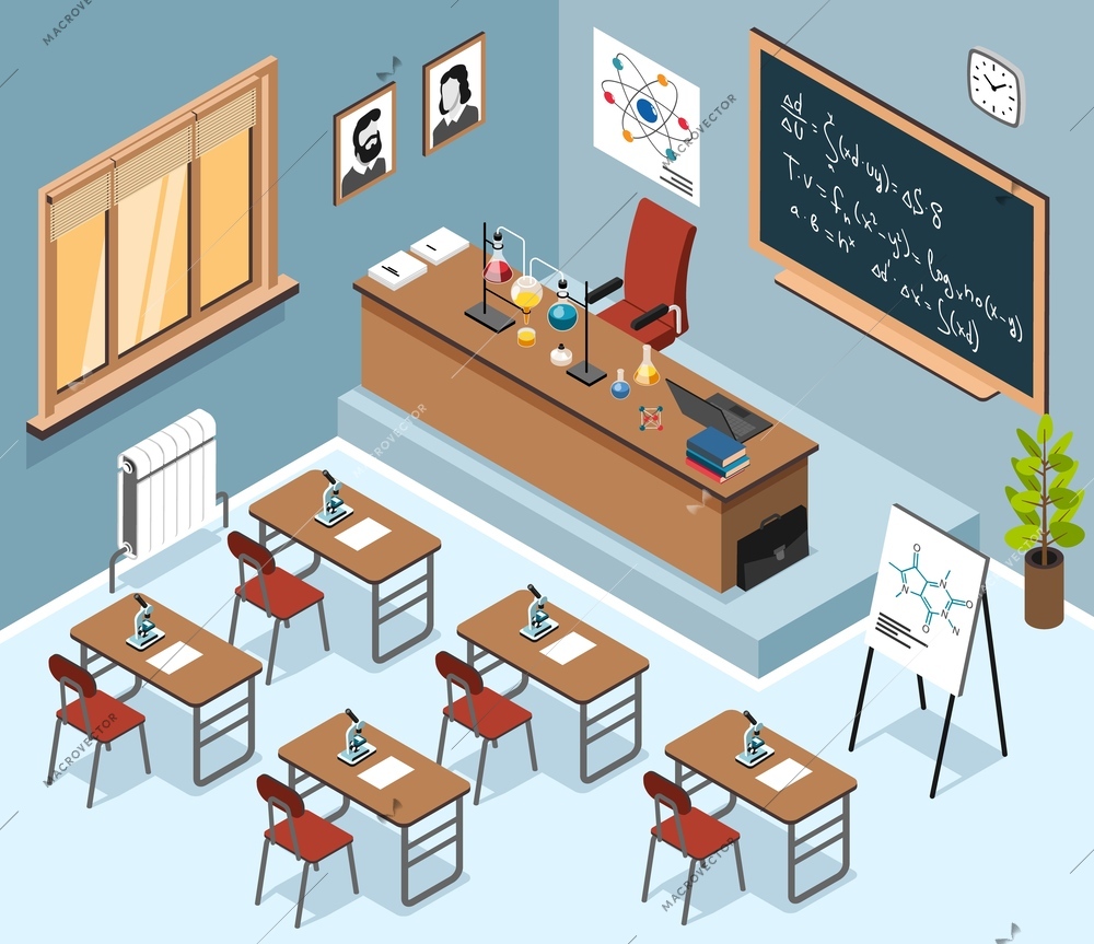 Isometric science class interior composition with indoor scenery of school classroom with desks blackboard and window vector illustration