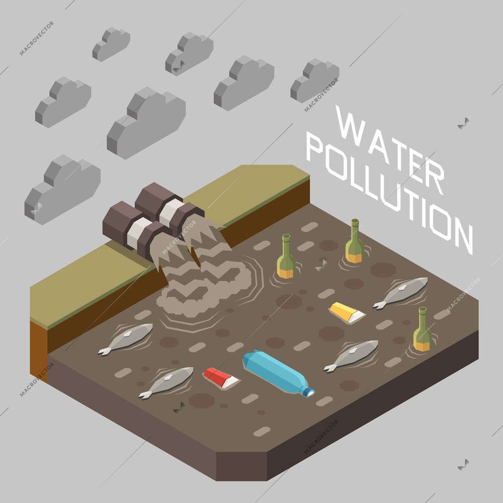 Natural and technological disaster isometric concept with water pollution scene vector illustration