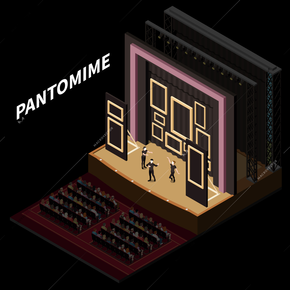 Theatre stage interior isometric concept with pantomime performance vector illustration