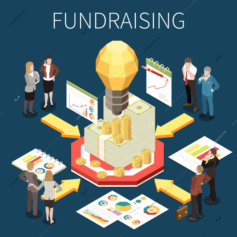 Crowdfunding isometric concept with money fundraising and creative ideas investment symbols vector illustration