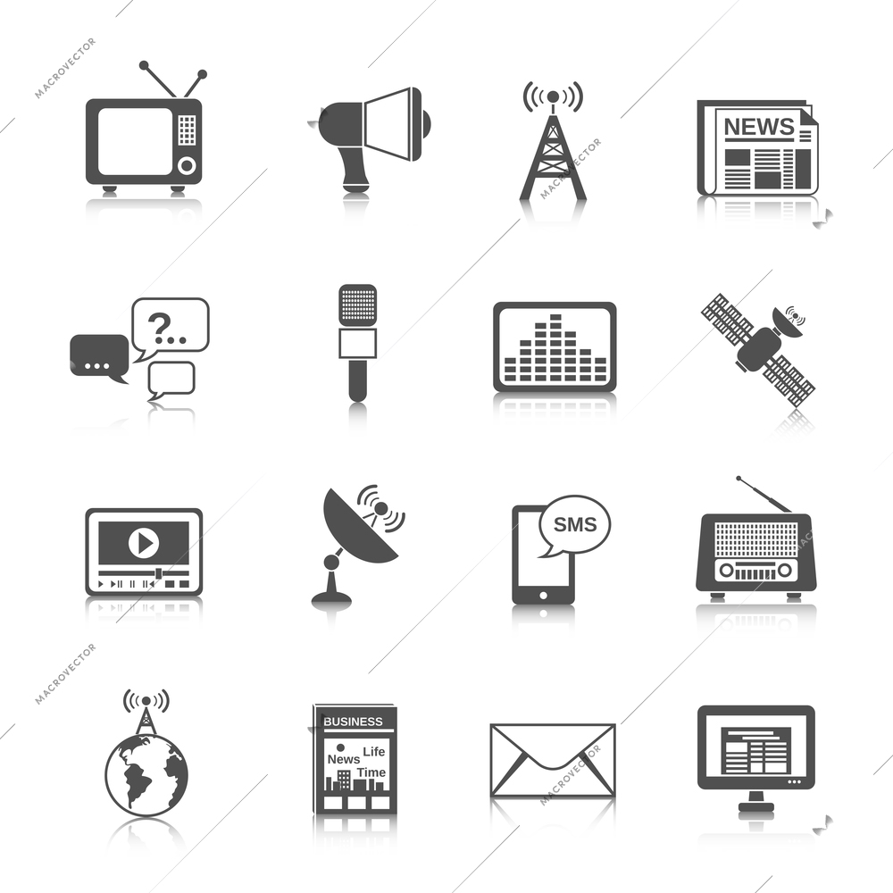 Media global network connection icons black set with newspaper globe tv isolated vector illustration