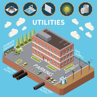 Utility expences isometric concept with tenement house and household service icons vector illustration