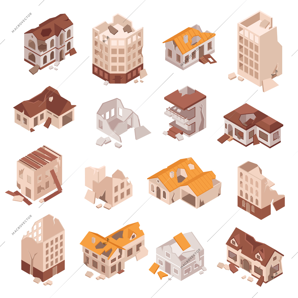 Isometric set of multi storey broken and ruined city buildings after earthquake or war isolated vector illustration