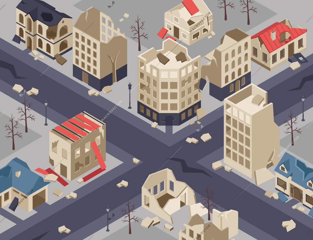 Isometric background with fragment of city ruined forsaken buildings after earthquake or war vector illustration