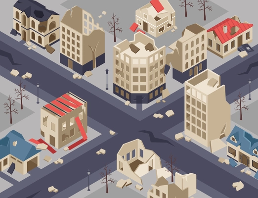 Isometric background with fragment of city ruined forsaken buildings after earthquake or war vector illustration