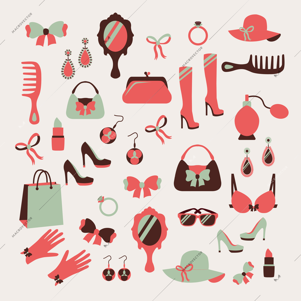 Woman accessories icons set of gloves shoes hats and jewelry vector illustration