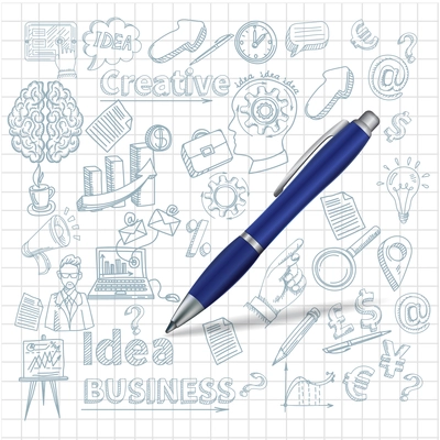 Creative poster with pen and sketch business and creativity symbols on squared background vector illustration