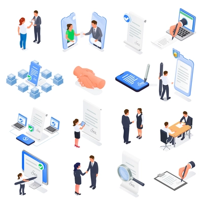 Contract agreement isometric set of isolated icons with human characters paper signatures verification signs and gadgets vector illustration