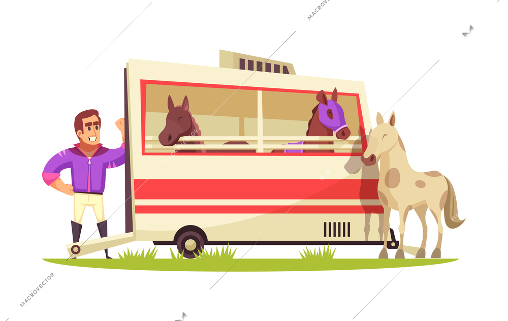 Equestrian sport composition with cartoon style human characters in uniform with horses vector illustration