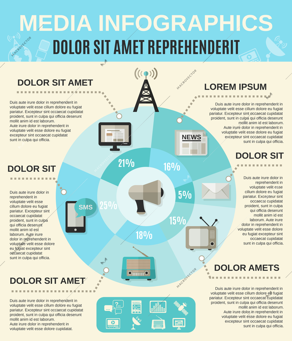 Mass media infographics set with news broadcasting symbols and pie chart vector illustration