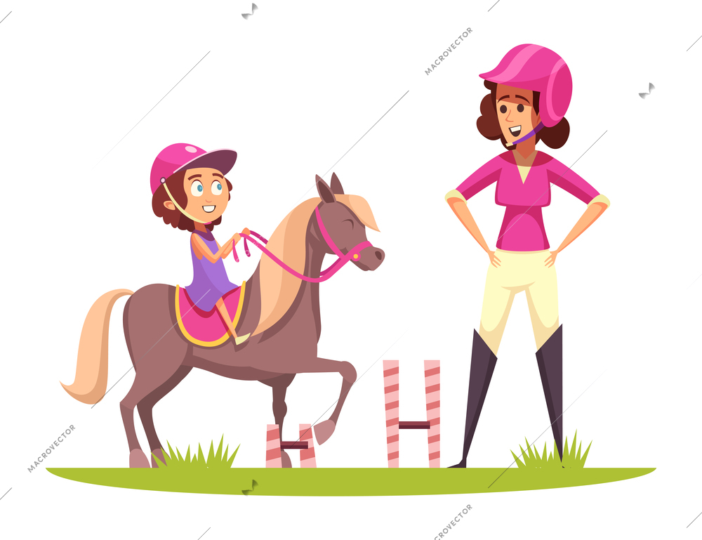 Equestrian sport composition with cartoon style human characters in uniform with horse vector illustration
