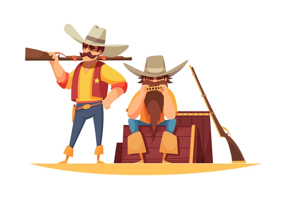 Cowboy composition with doodle style human characters in retro clothing vector illustration