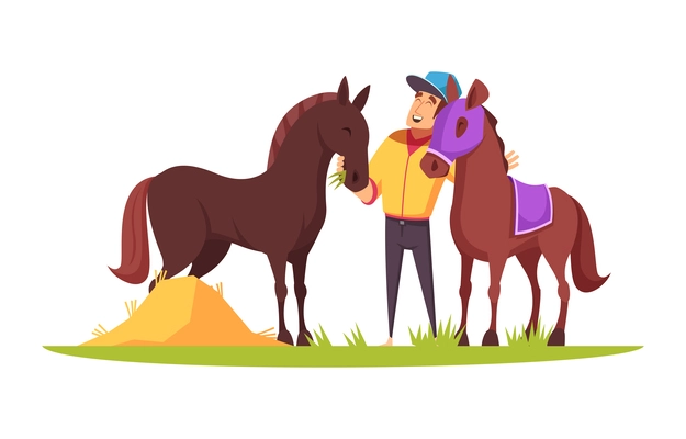 Equestrian sport composition with cartoon style human character in uniform with horses vector illustration