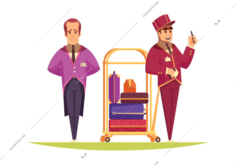 Hotel composition with doodle style human characters of hotel staff wearing classic costumes vector illustration