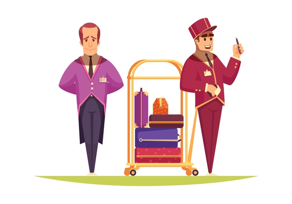 Hotel composition with doodle style human characters of hotel staff wearing classic costumes vector illustration