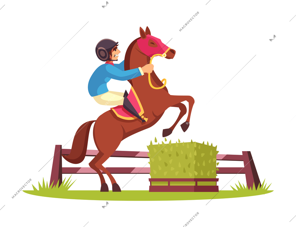 Equestrian sport composition with cartoon style human character in uniform with horse vector illustration