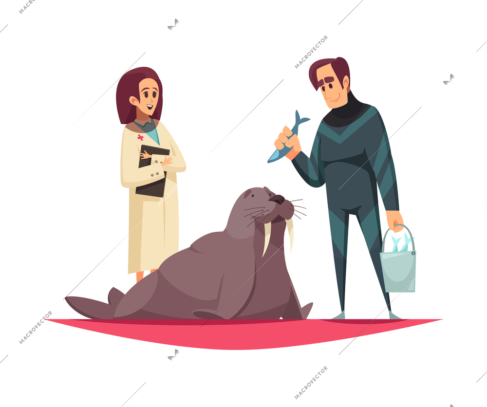 Dolphinarium composition with doodle style characters of staff and sea animals vector illustration