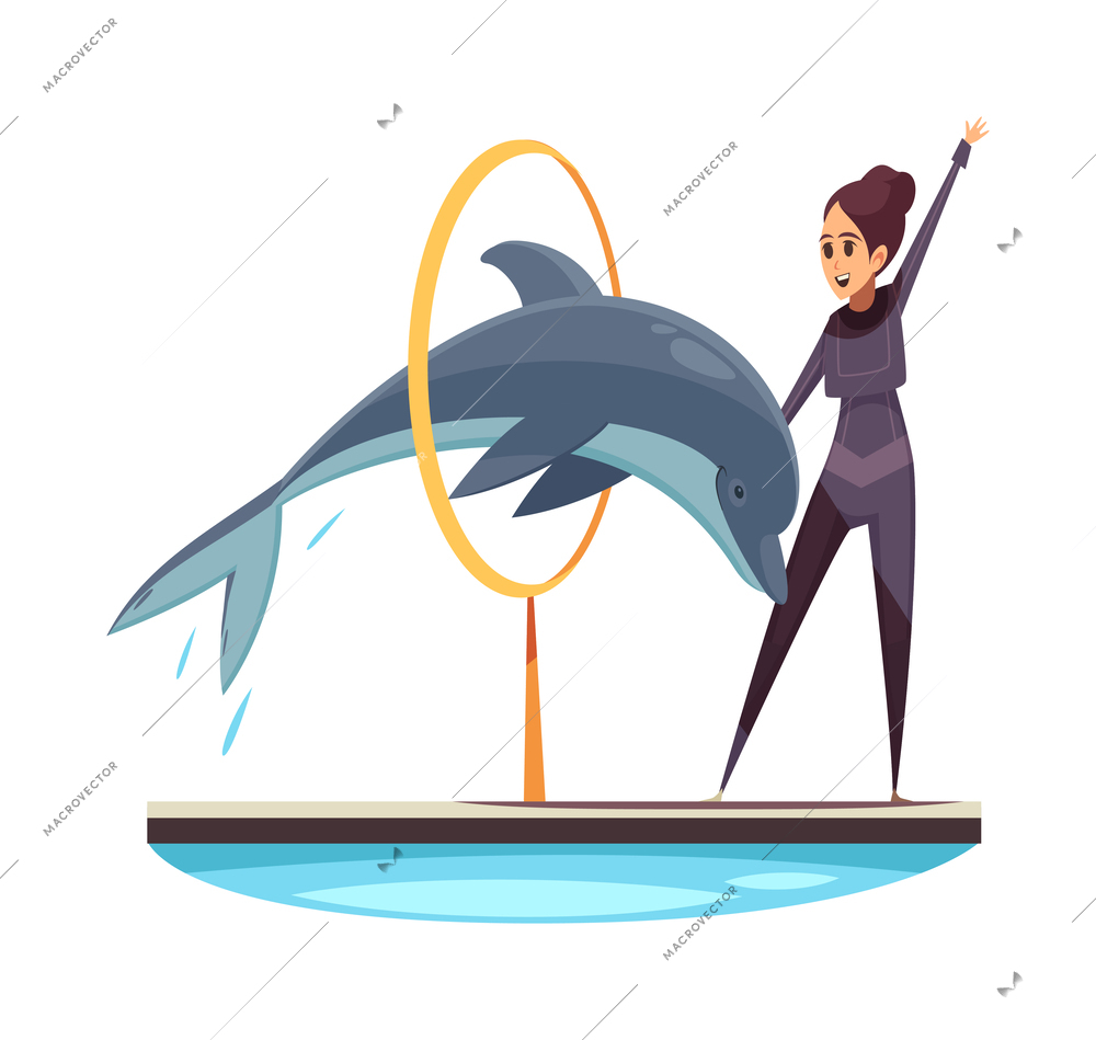 Dolphinarium composition with doodle style characters of staff and sea animals vector illustration