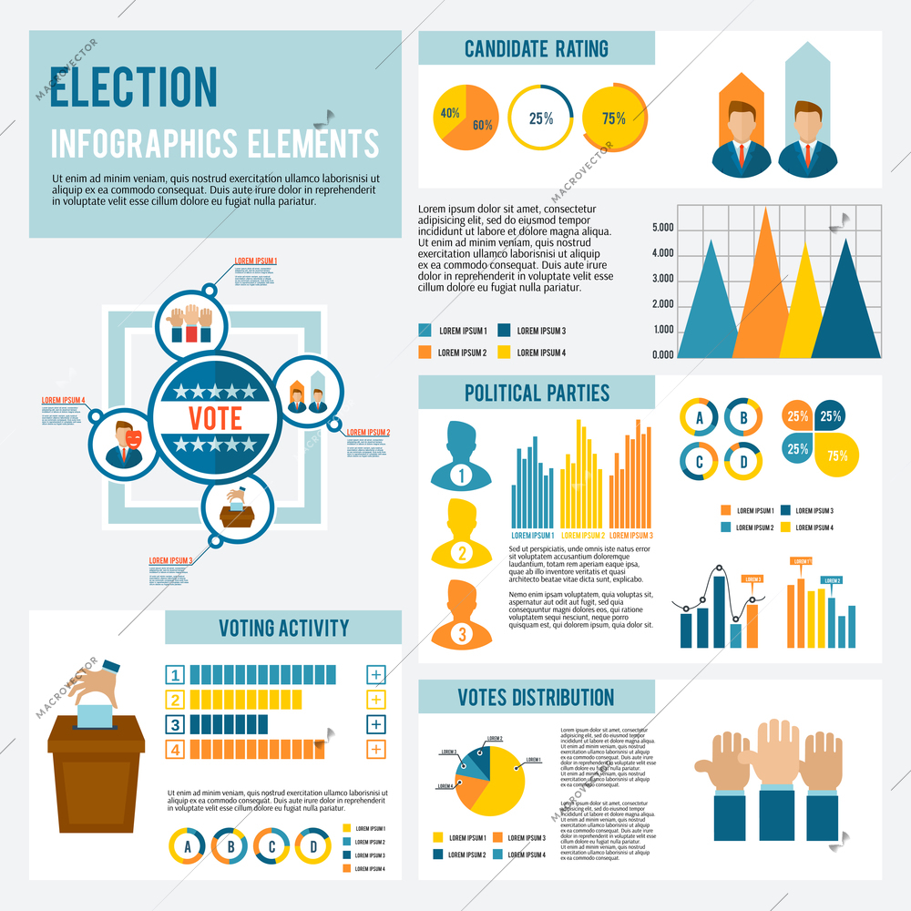 Election and voting icon infographic set with candidates debates symbols and charts vector illustration