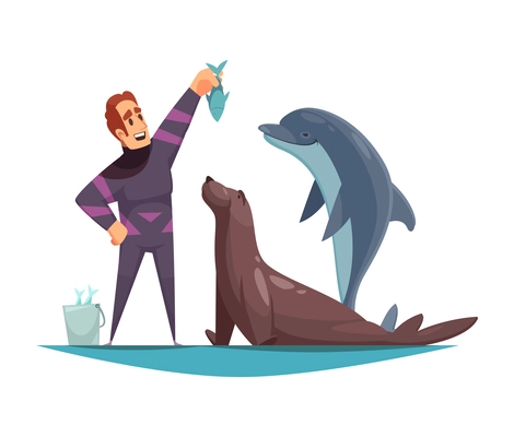 Dolphinarium composition with doodle style characters of staff and sea animals vector illustration