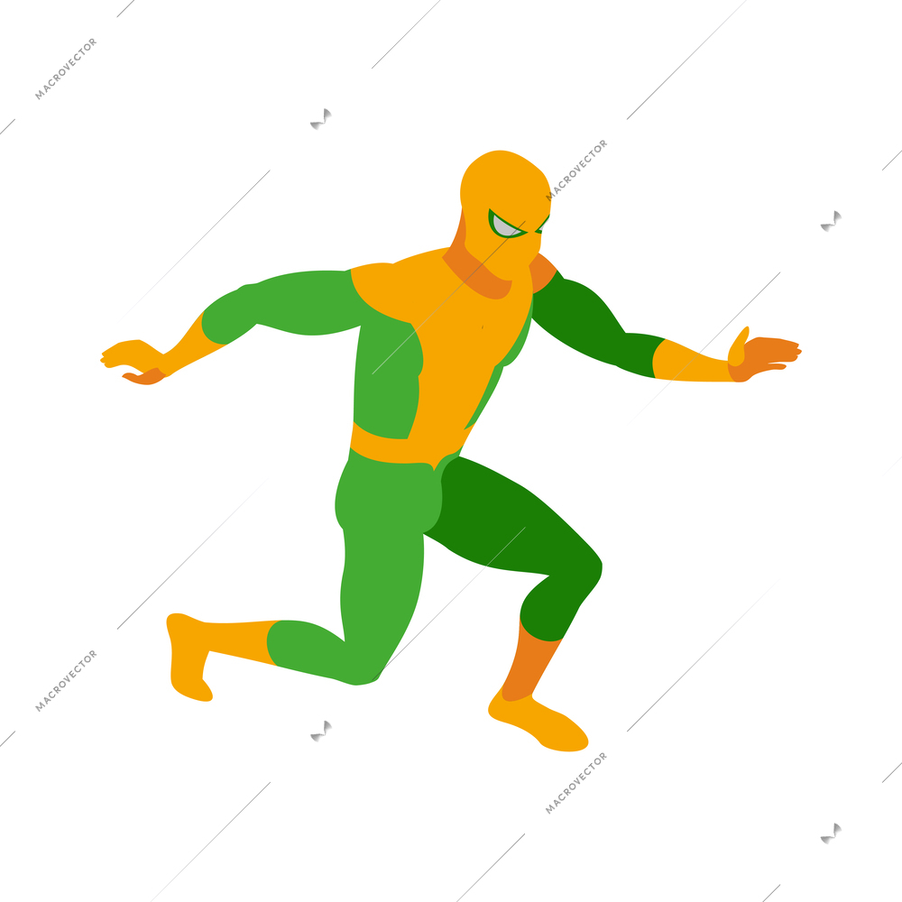 Superheroes isometric people composition with isolated view of super hero wearing colorful costume vector illustration