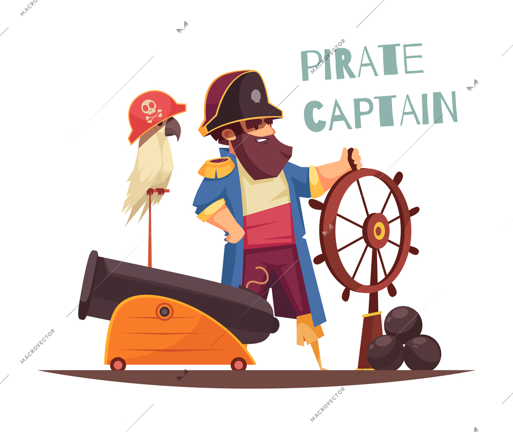 Pirate composition with vintage sailor character with retro accessories and ornate text vector illustration