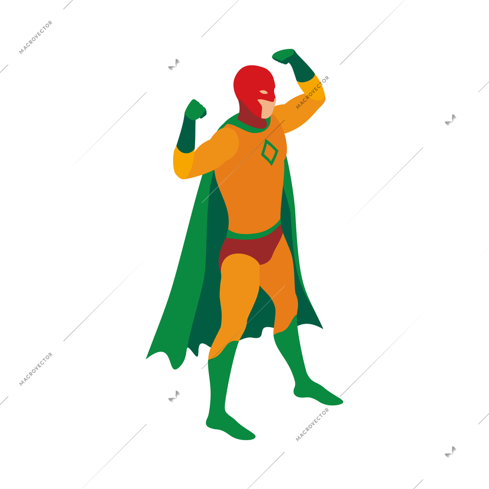 Superheroes isometric people composition with isolated view of super hero wearing colorful costume vector illustration